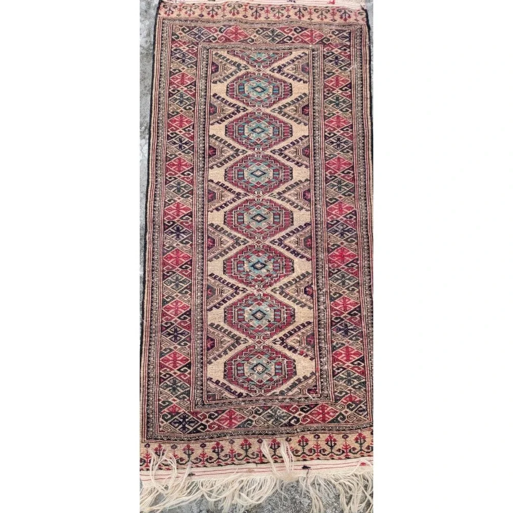 Vintage Tribal Geometric Runner Rug 2x5 Beige Red Wool Hand-Knotted
